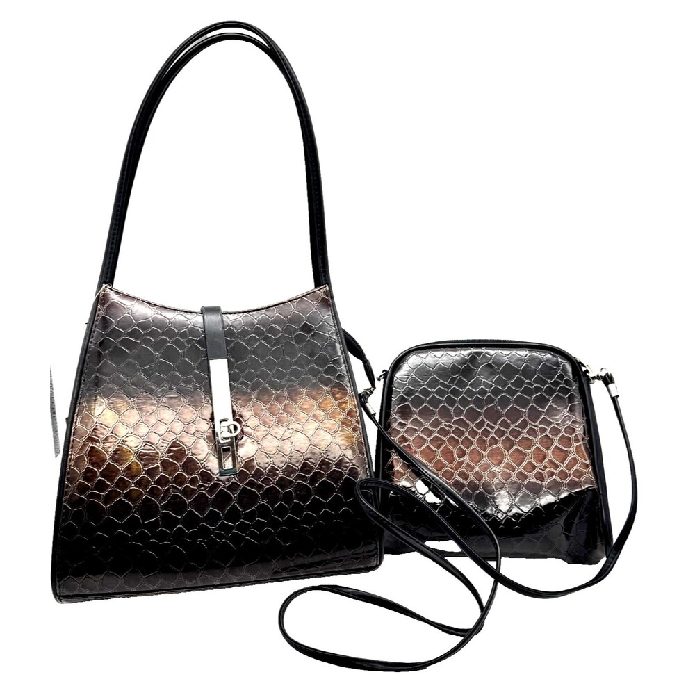 VANI Chic Shoulder Bag Handbag Patent Ombre Glossy Faux Croc Finish 2 n 1 Bags